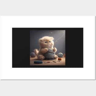 Cute kitten playing with yarn, Expressive Art Sticker Posters and Art